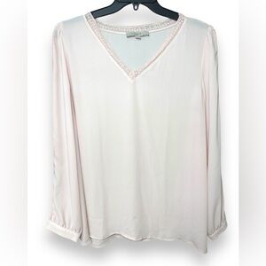 Ann Taylor LOFT Pink‎ Sheer V-Neck Lace Trim Long Sleeve Top | Women’s Size XXL